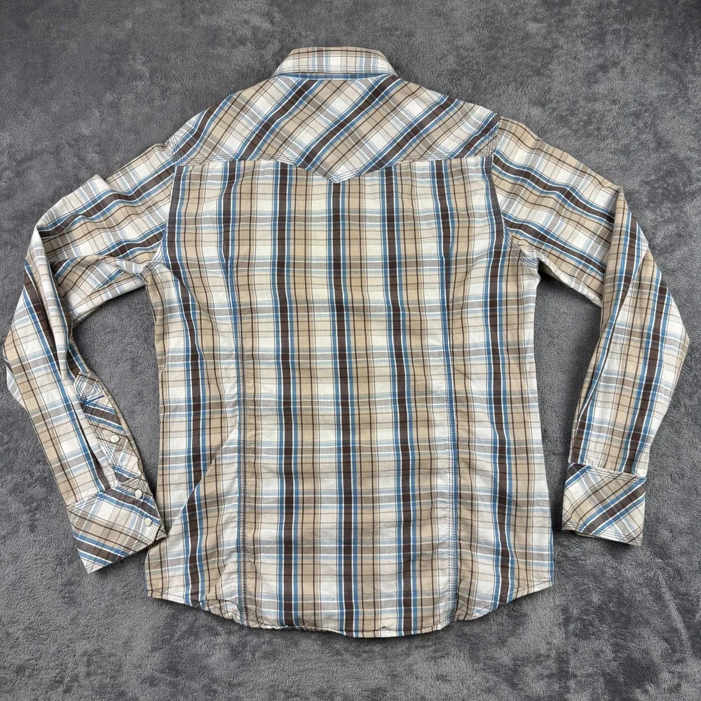 True Religion‎ Shirt Mens Large Brown Blue Plaid Western Pearl Snap Long Sleeve